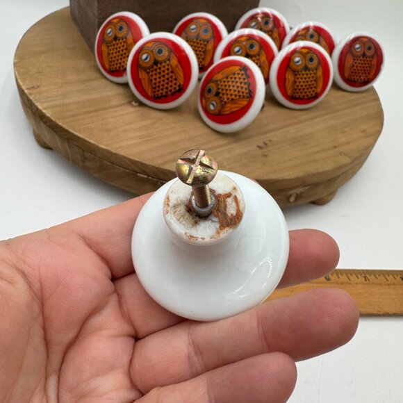 Owl vintage draw pulls knobs porcelain ceramic red orange black set of 13 made i - Picture 9 of 13